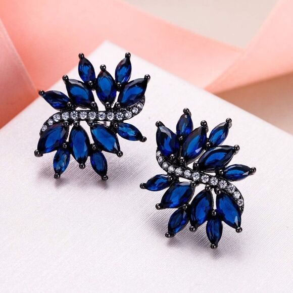Carbon Black with Blue Sapphire and White Diamond CZ Floral Leaf Post Earrings - Picture 2 of 4